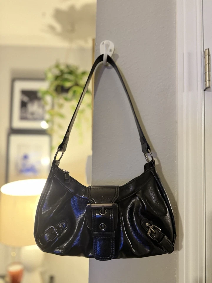 Y2K Black Patent Shoulder Bag | Buckle Detail |Retro Mini Purse - Image 1 of 4