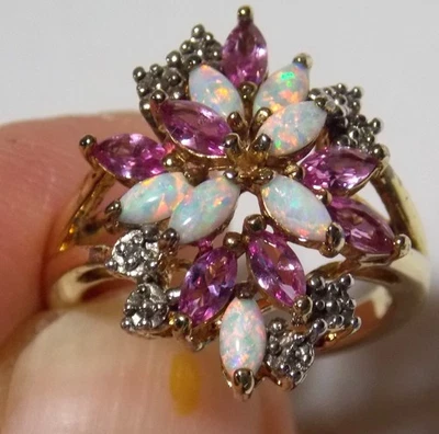 STERLING SILVER GOLD PLATE LAB-CREATED PINK SAPPHIRE OPAL COCKTAIL RING PAJ NICE - Image 1 of 4