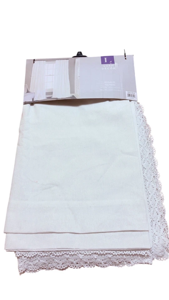 Lush Décor Rosalie Lace Trim Curtains Set 2 Panels 54x95 White Cotton Blend New - Image 1 of 4