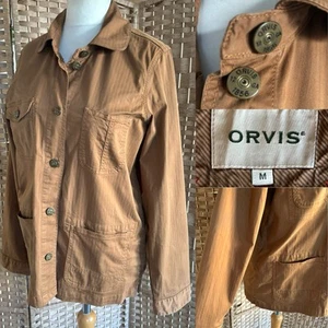 ORVIS Tan Caramel COTTON Collared Chore Jacket M UK 14 L27” POCKETS Utility ARTY - Picture 1 of 14