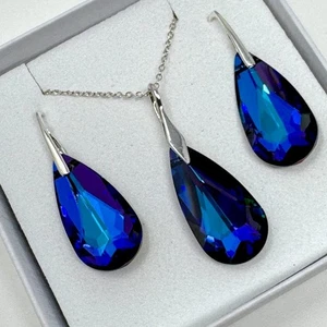 Juego de pendientes colgantes de plata 925 cristal austriaco pera gota 24 mm púrpura - Imagen 1 de 4