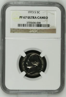 1973 S Uncirculated Clad Proof Jefferson Nickel 5c Coin NGC Certified PF67 UC - Image 1 of 2