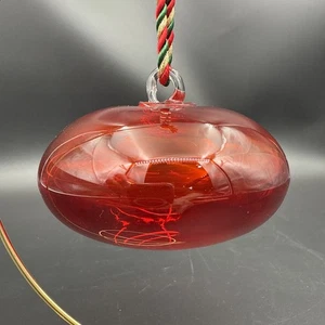 Rare Ruby Red Hand Blown Glass Ornament Flattened Onion Shaped Orb 4”x2.5” - Picture 1 of 11