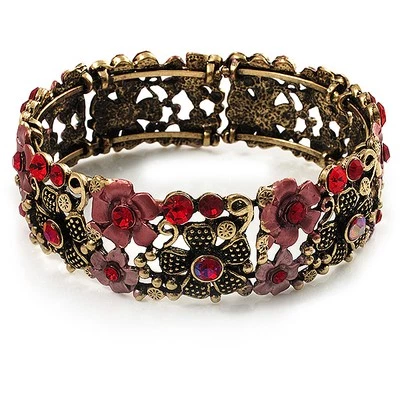 Brazalete Brazalete Flexible Floral Cristal Rojo Victoriano (Tono Bronce) Foto 1 de 4