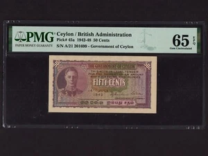Ceylon (Sri Lanka):P-45, 50 Cent, 1942 * King George VI * PMG Gem UNC 65 EPQ * - Picture 1 of 2
