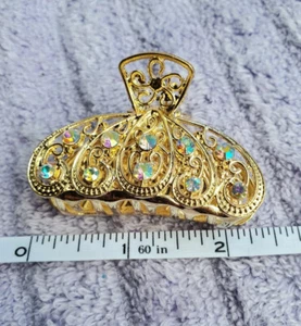 Hair Claw Gold Alloy irridescent Rhinestones Clip Women Accessory 2 inch - Picture 1 of 6