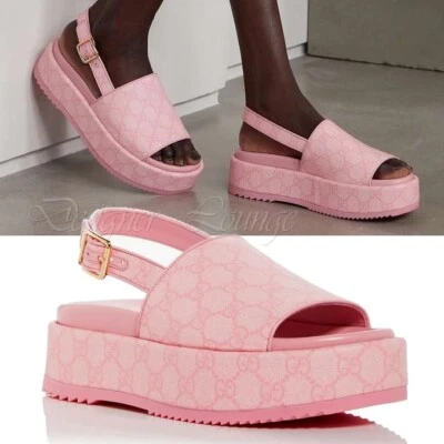 NUEVO GUCCI Angelina GG Sandalias de Plataforma Rosa Supreme de Lona con Cordones EU 39.5 Foto 1 de 4