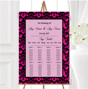 Bright Pink Black Damask & Diamond Personalised Wedding Seating Table Plan - Picture 1 of 1