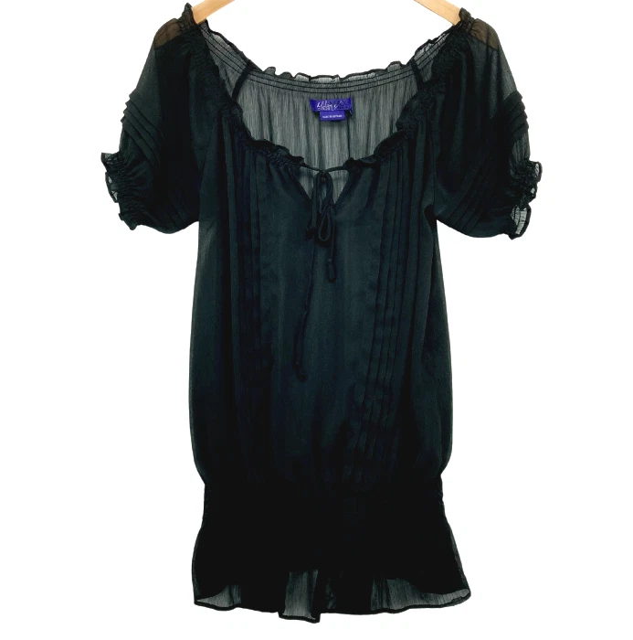 Blusa transparente Miley Cyrus Max Azria para mujer negra con volantes cuello barco sobrepelliz talla M Foto 1 de 4