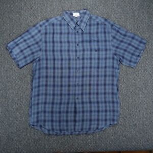 Zanella Shirt Mens Large Blue Plaid Linen Italy Short Sleeve Button