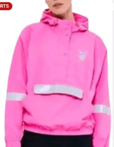 PLAYBOY PACSUN NEON PINK REFLECTIVE APRES SKI BUNNY WINDBREAKER NYLON JACKET XS - Picture 1 of 11