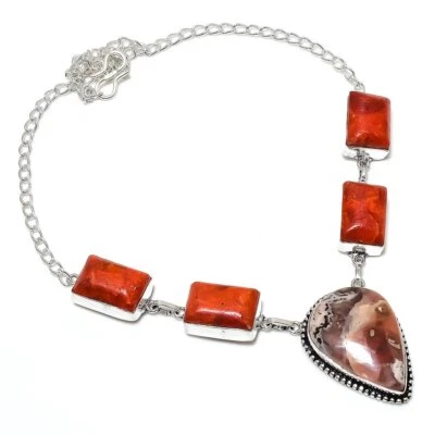 Collar de plata de ley 925 con piedras preciosas de coral de bambú rojo natural t570 Foto 1 de 4