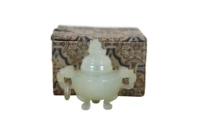 Quemador de incienso de 3" tallado chino de jade blanco dragón foo perro incensario Foto 1 de 4