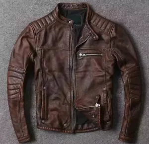 Men's Brown Leather Jacket - Genuine Cowhide Skin Cafe Racer Style - Treva - Picture 1 of 3