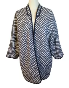 Esprit Size 14 Navy Blue White Geometric Woven Boho Relaxed Long Sleeve Jacket - Picture 1 of 7