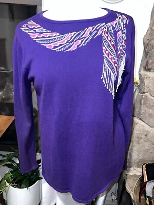 Bob Mackie Sweater Wearable Art Beaded Pearls Pullover Sz Medium Purple - Image 1 of 4