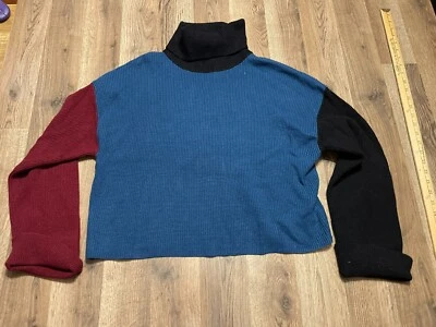 Suéter Elan, Para Mujer Grande, Negro Azul Rojo, Bloques de Color, Pullover, Cuello Alto Foto 1 de 4