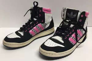 Adidas High Top Sneakers Black White Houndstooth Check Pink Stripes Women Sz 9.5 - Picture 1 of 12