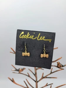 Cookie Lee Bow Earrings Gold Tone Pink Crystal Dangle, New on Card, NWT - Picture 1 of 8