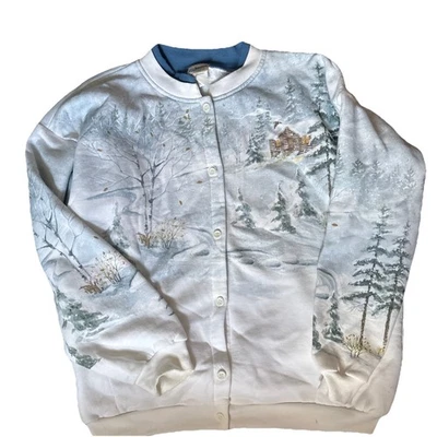 Vintage Snow Winter  Cardigan Sweatshirt Size XLarge White 90s Cottage - Image 1 of 4