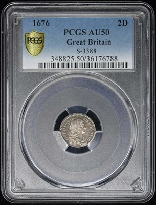 1676 2D Great Britain 2 Pence Silver Charles II PCGS AU50 - Image 1 of 4