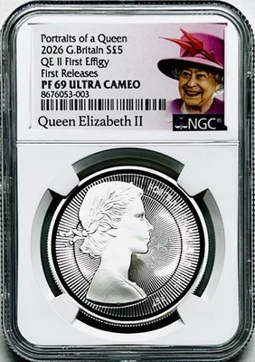 2026 GB 5PD 1OZ SILVER PROOF NGC PF69 QEII PORTRAITS OF A QUEEN 1ST EFFIGY POP-7 - Image 1 of 3