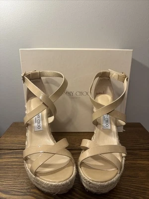 Sandalias de cuña alpargata plataforma Jimmy Choo Porto charol desnudo talla 39,5 Foto 1 de 4