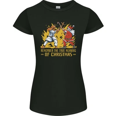 Santa Contre Jésus Drôle Noël Femmes Petite Coupe T-Shirt - Photo 1/4