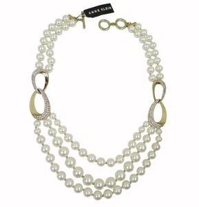 Anne Klein Pearl Gold Tone Torsade Necklace White Rhinestone 3 Strand New 19" - Picture 1 of 6