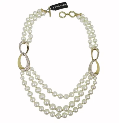 Ожерелье Anne Klein с жемчугом золотистым торсадом белые стразы 3 нити новое 19 дюймов - Изображение 1 из 4