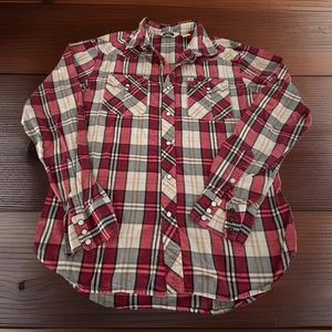 Salt Valley Western Pearl Snap Button Shirt Men M Red Cream Plaid Rockabilly - Picture 1 of 10