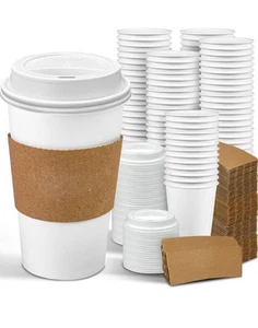 100 Pack 16 oz Disposable Coffee Cups with Lids and Sleeves Leak-Proof White ... - Picture 1 of 6