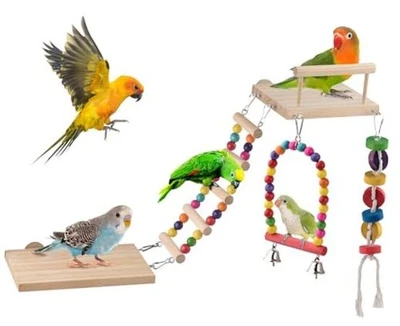 Brinquedos de periquito para pássaros 5 em 1, poleiros destacáveis plataforma balanço com  - Imagem 1 de 4