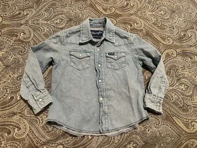 Wrangler Denim Pearl Snap Shirt Youth XS 3-4 Rodeo Cowboy Western Blue - Image 1 of 4