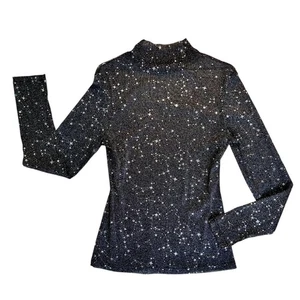 Transparentes schwarzes Glitzer Rave Top Damen M-L silber Sterne hochgeschlossen Festival Clubwear - Bild 1 von 10