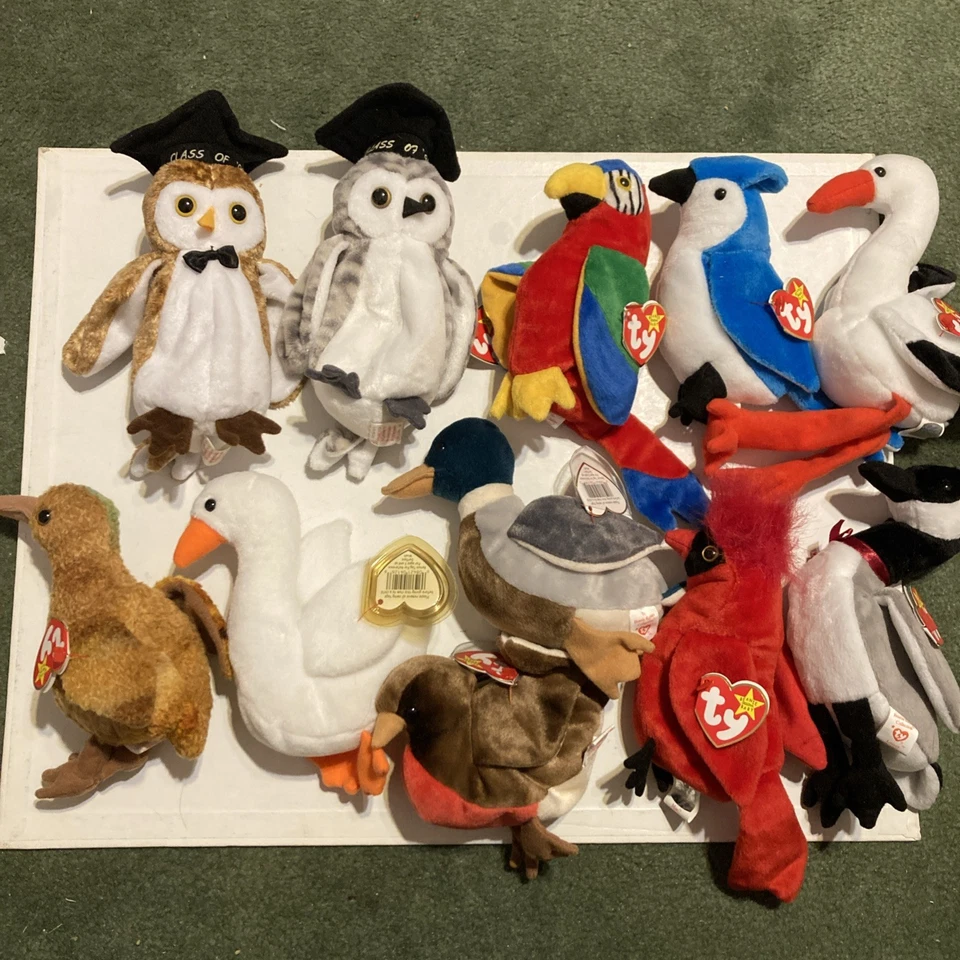 Lote de 11 De Colección Ty Beanie Bebés Pájaros Cigüeña Robin Loro Avestruz Kiwi Búho Foto 1 de 1