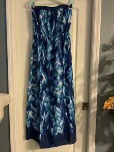 "Lavender Brown" Blue Green Ikat Silky Strapless Maxi Dress Sz M $165 - Picture 1 of 4