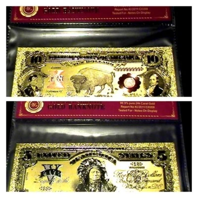 99.9% 24K GOLD 1901 $10 & 1899 $5 BILL US BANKNOTE PROTECTIVE SLEEVE W COA LOT - Image 1 of 4