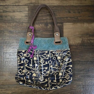 Vintage Fossil Key Per Shoulder Bag Blue Black White Purse Canvas Tote Handbag - Picture 1 of 12