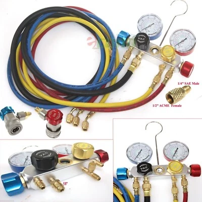INFINITY 4 Way Mini Split AC Manifold Gauge Set R410a R22 R134a w/ Hoses Quick Adapters
