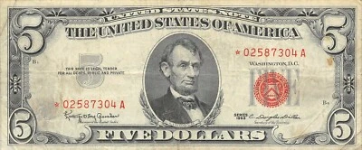 USA   ** $5 **  Series 1963  P 383r  ** Star note **  Circulated Banknote - Image 1 of 2