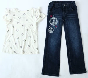Girls 2 Piece Short Sleeve Graphic Tee Blue Denim Appliqued Jeans Size 5 NWOT - Picture 1 of 4