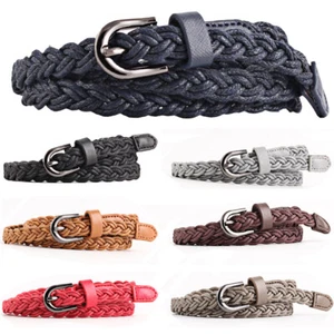 Women Braided Faux Leather Thin Belt Lady Woven Dress Jeans Slim Waistband YN332 - Picture 1 of 14