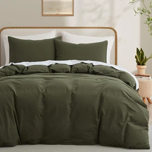 Olive Green Cotton Duvet Cover King Size, Linen like Natural Bedding Set with Zi - Picture 1 of 7