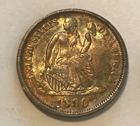 1890 Seated Liberty Dime ,  beautiful toned AU / UNC Cover