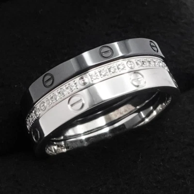 Juego de 3 anillos Cartier Love de oro blanco y cerámica de 18 quilates tamaño 58 caja de papel de 8,25 EE. UU. Foto 1 de 4