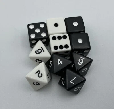2001 RISK 2210 A.D. Replacement Parts - Black & White Dice - Six and Eight Sided - Image 1 of 2