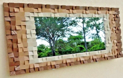 48" x 36" Cube Art Wood Mirror Mosaic Wall Decor - Handmade Statement Piece - Image 1 of 4