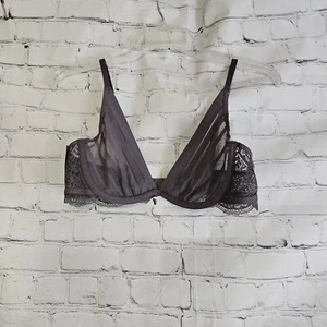 Nwt Adore Me Candice Gray Unlined Plunge Shirred Striped Mesh Scallop Lace Bra - Picture 1 of 11