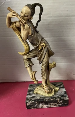 Скульптура восточного/азиатского флейтиста — мраморное основание Carrera Италия 8 дюймов — бывшая в употреблении - Изображение 1 из 4